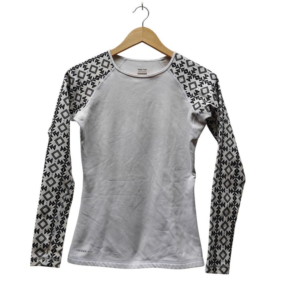 Nike Pro Therma-Fit Long Sleeve Top White Black Pattern Raglan Base Layer